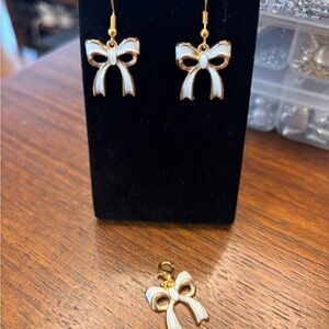 New Gold and White Bow Drop Earrings with matching pendant charm
